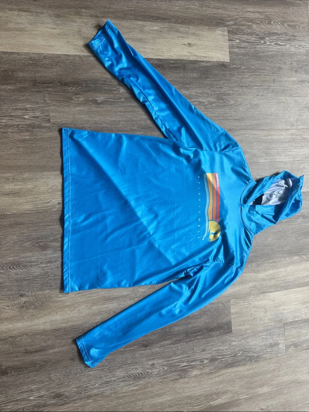 Men's Blue Hooded Swim Shirt with Sunset Graphic